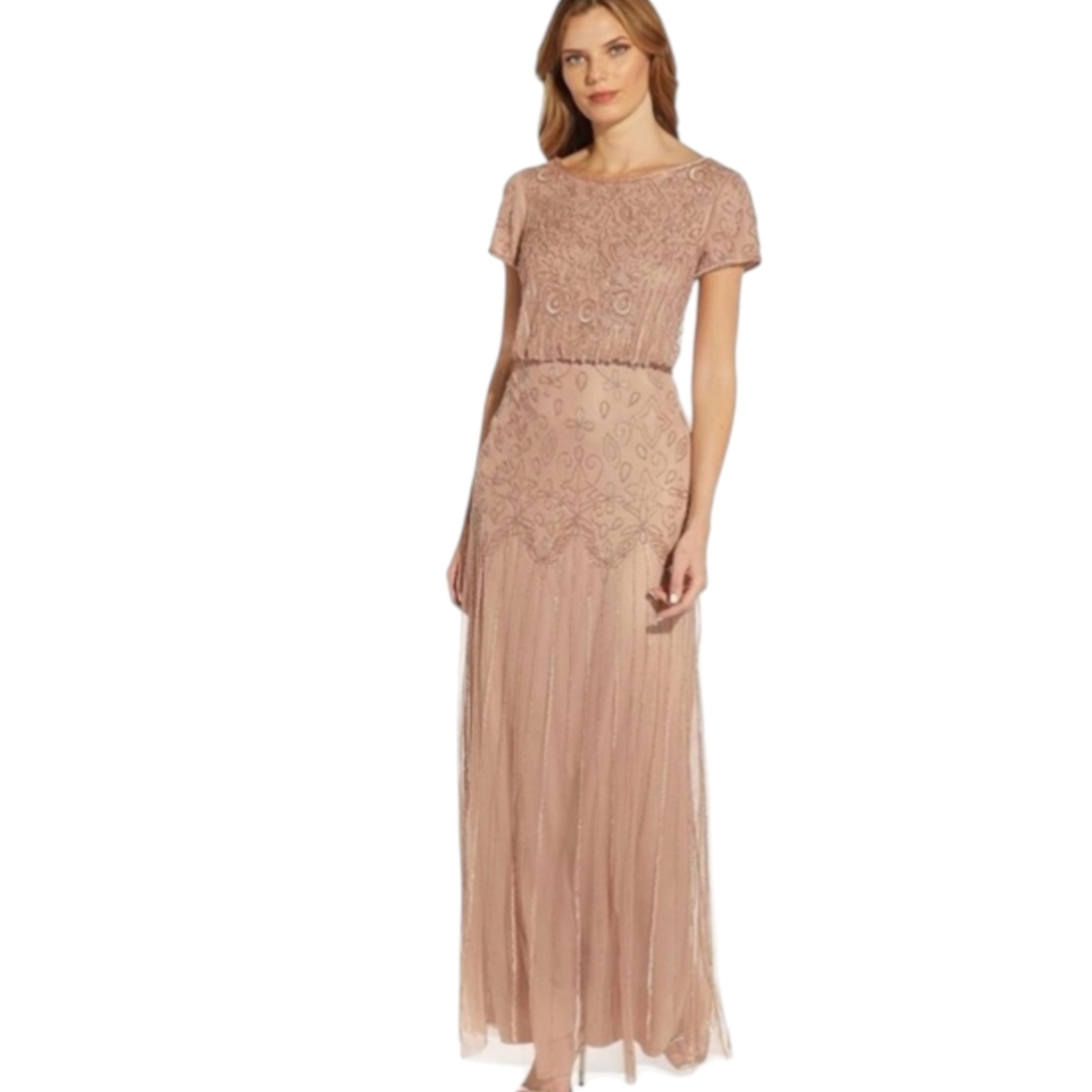 Adrianna Papell Beaded Chiffon Flowy Formal Maxi Gown Neutral Blush  NWT Sz 10
